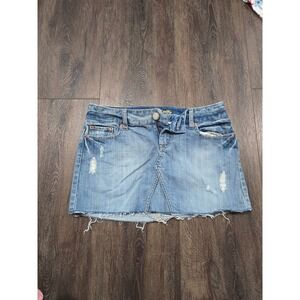 Y2K American Eagle Blue Denim Mini Skirt Light Wash Distressed Frayed Hem Size 4